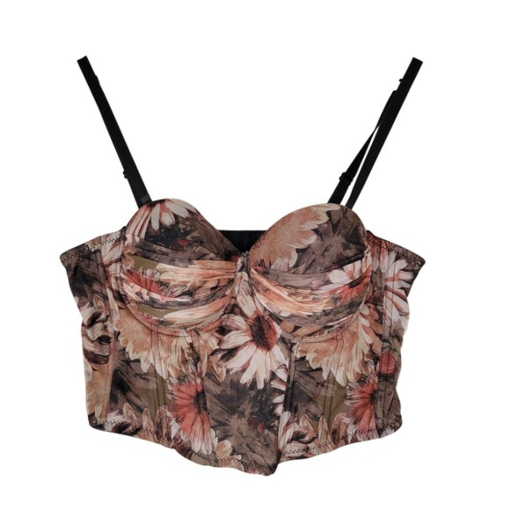 Kaylee Kollection Corset Bustier Top Womens Large Brown Floral Mesh Hook Eye Pad